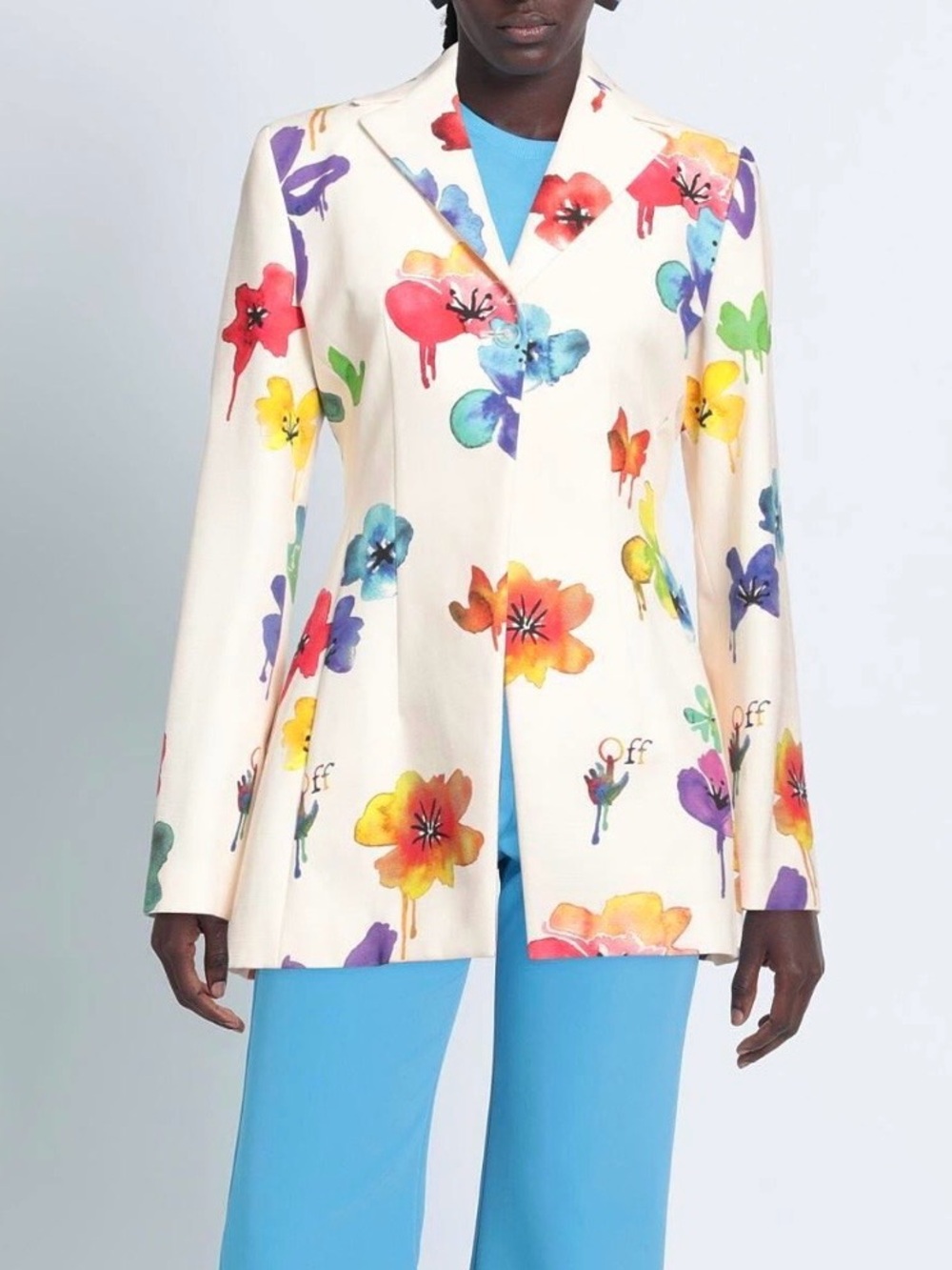 OFF WHITE Multicolor Floral Watercolor Blazer Jacket - Cream Base